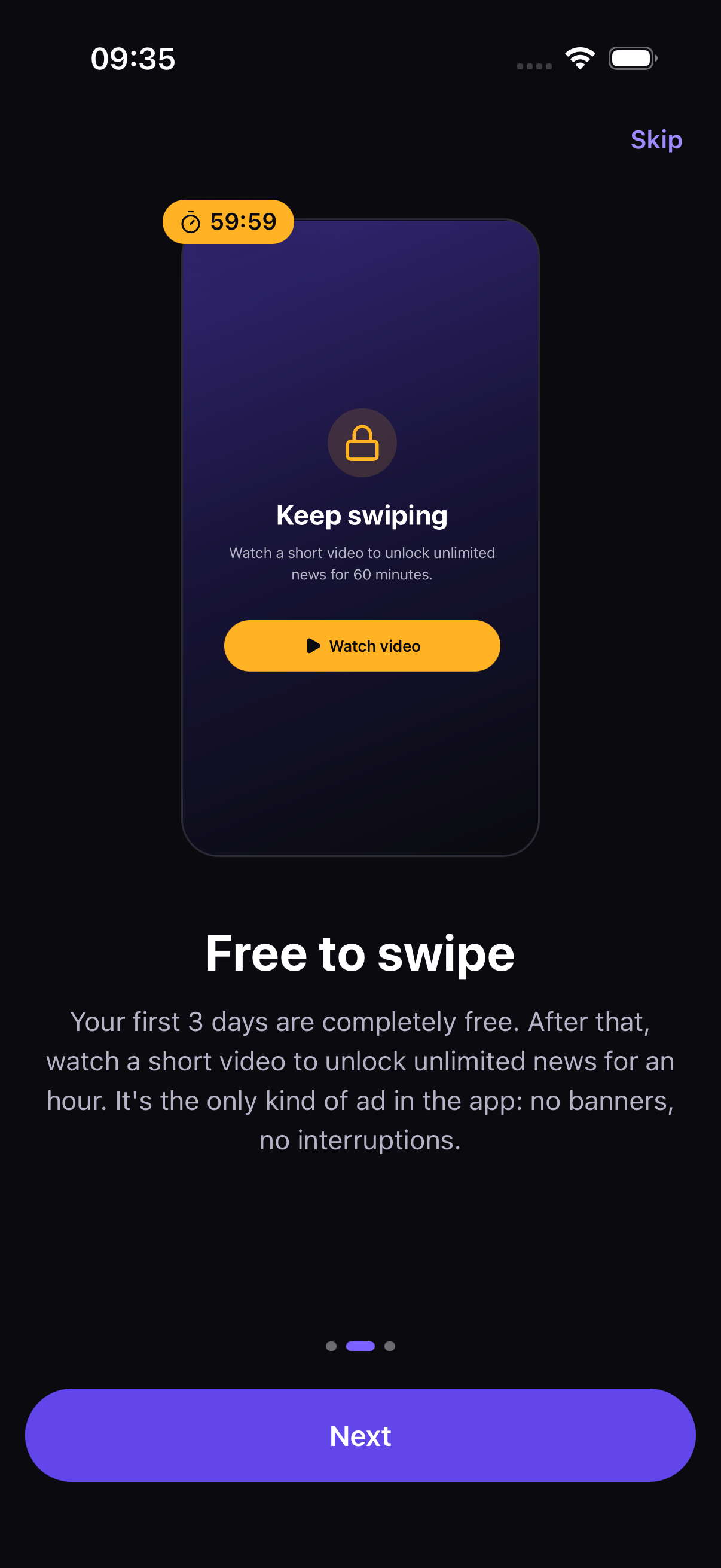 Screenshot der SwipelyNews-App (englische Oberfläche)